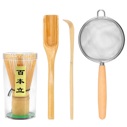 4Pcs Matcha Whisk Set Portable Matcha Tea Set Reusable Japanese Whisk Set Handmade Wood Matcha Whisk Tea Scoop Matcha Scoop Stainless Steel Tea Strainer for Tea Lovers Beginners