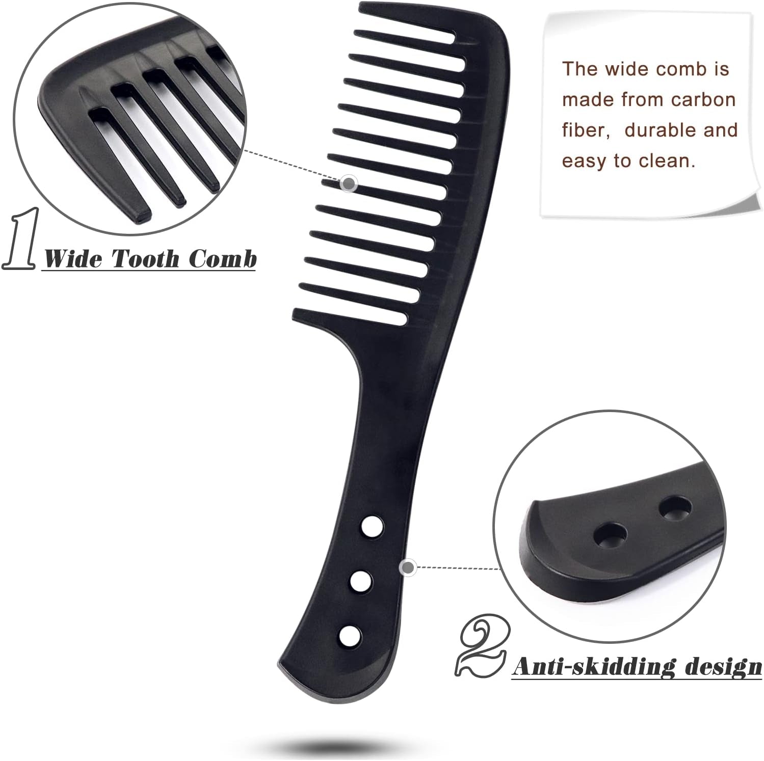 3 Pc Wide Tooth Carbon Fiber Heat Resistant Anti-Static Comb Set for Most Hair Types
