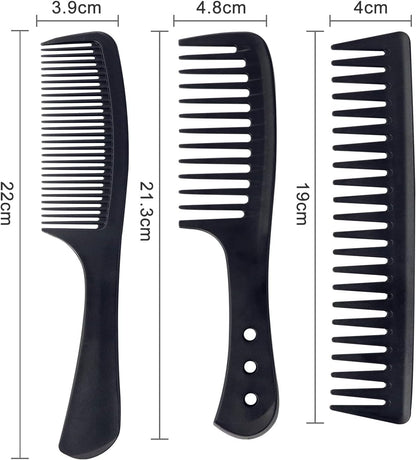 3 Pc Wide Tooth Carbon Fiber Heat Resistant Anti-Static Comb Set for Most Hair Types
