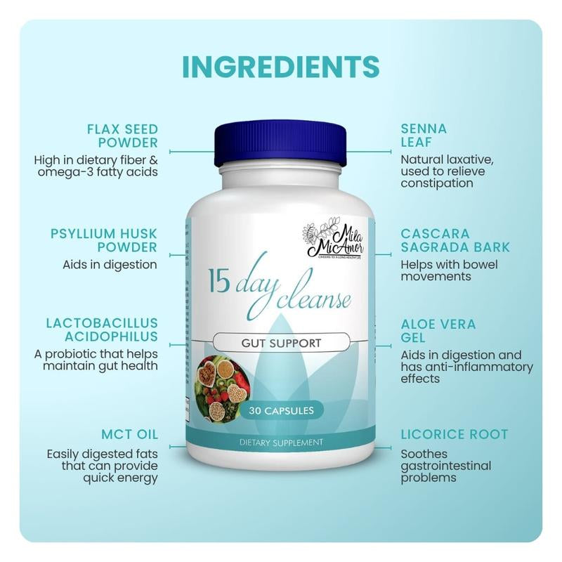 15 Day Cleanse - Gut and Colon Support | Caffeine Free | Advanced Formula with Senna, Cascara Sagrada, & Psyllium Husk | Non-Gmo | 30 Capsules