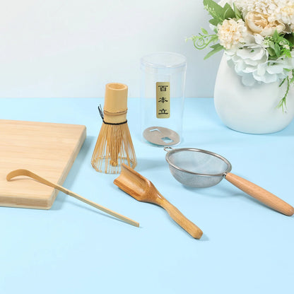 4Pcs Matcha Whisk Set Portable Matcha Tea Set Reusable Japanese Whisk Set Handmade Wood Matcha Whisk Tea Scoop Matcha Scoop Stainless Steel Tea Strainer for Tea Lovers Beginners