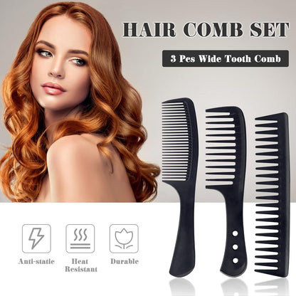 3 Pc Wide Tooth Carbon Fiber Heat Resistant Anti-Static Comb Set for Most Hair Types